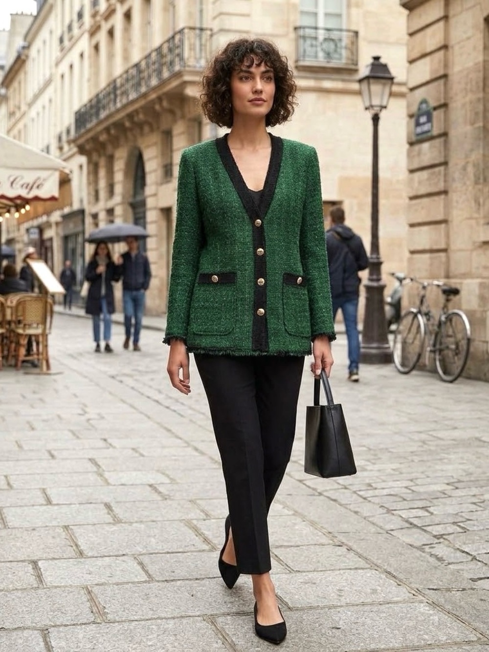 Zara Dark Green Bouclé Jacket with Black Trim - Size S